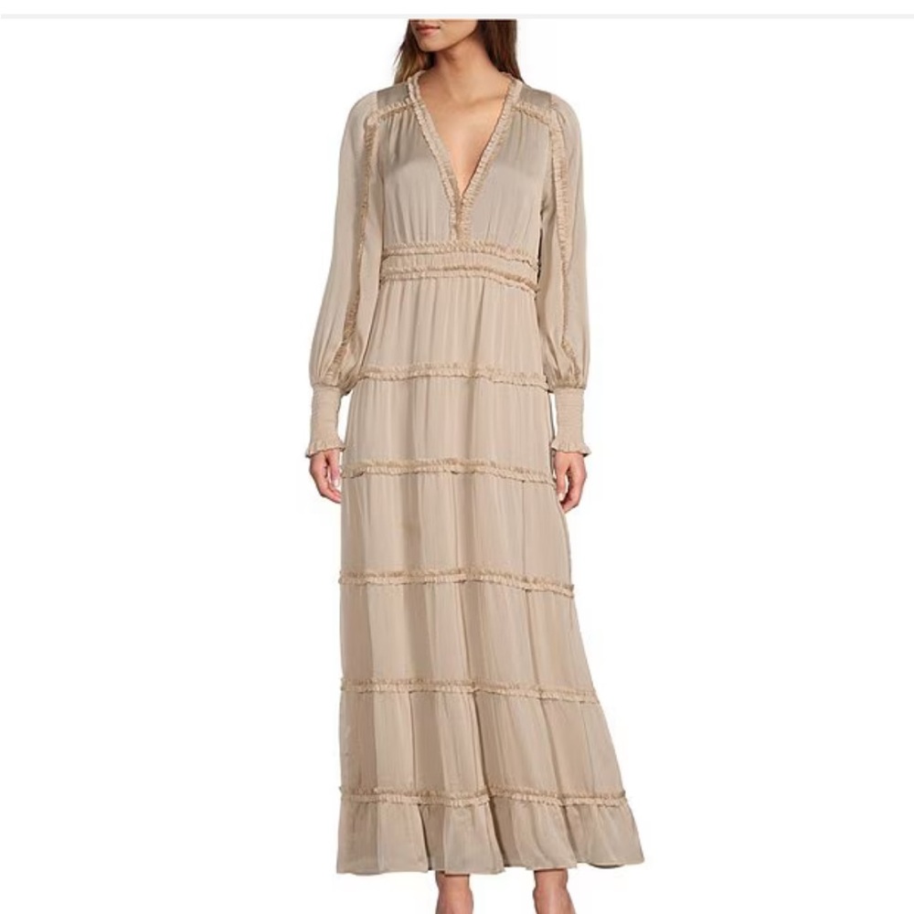 NWT Long Sleeve Plisse Ruffle Maxi Dress Champagne Color | holiday dress
